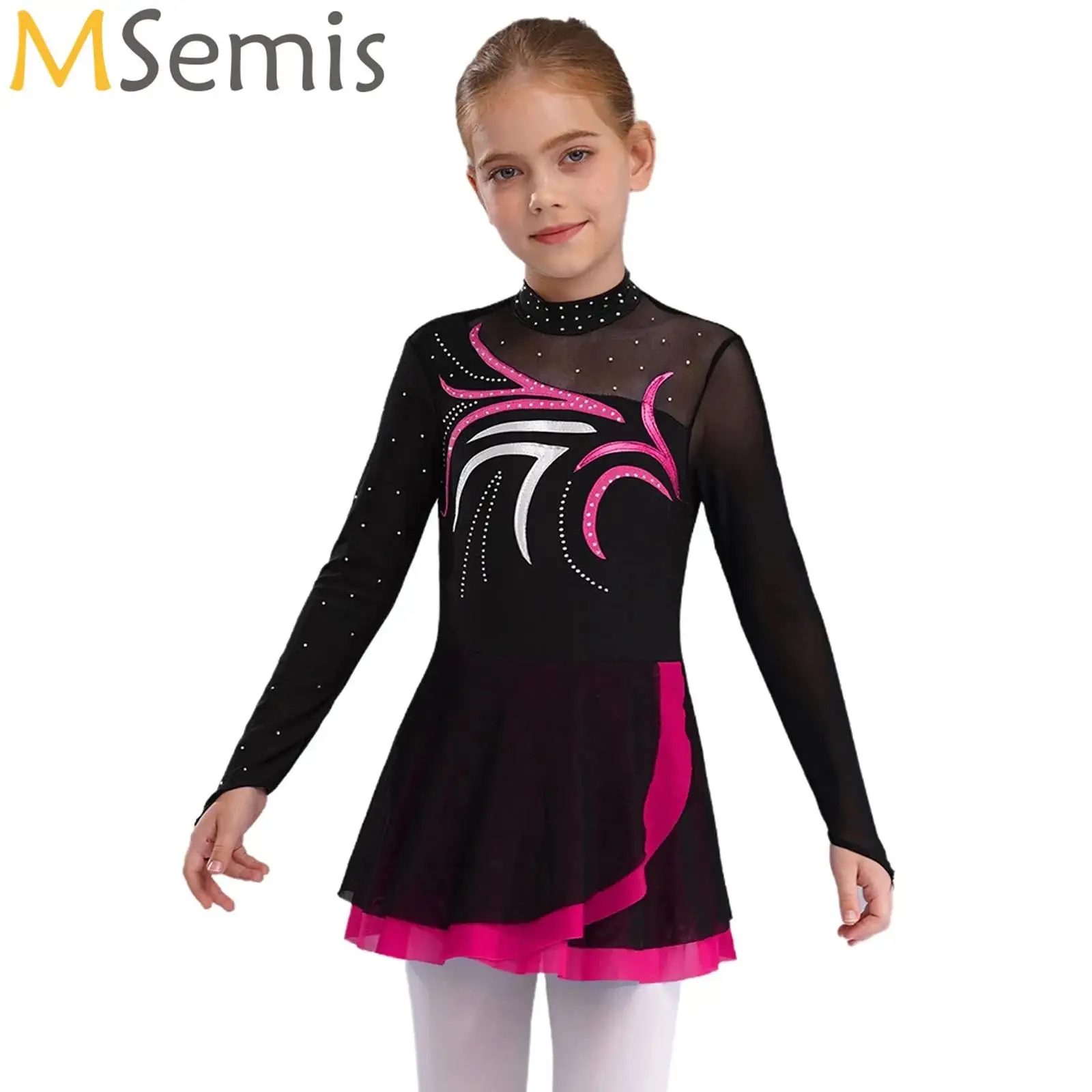 

Kids Girls Figure Skating Dance Performance Dresses Sparkly Rhinestones Sheer Mesh Leotard Dress for Ballet Lyrical Dancewear