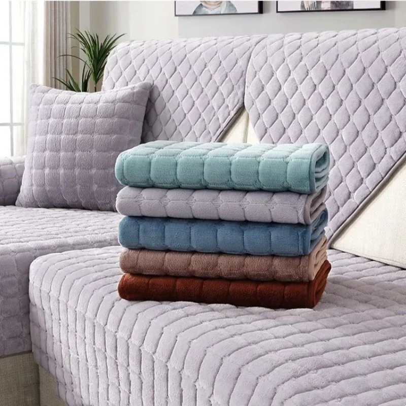 Flannel Anti Slip Couch Dust Cover Winter Thick All Inclusive Combination Sofa Cover Plush Grid Texture Minimalist Slipcovers