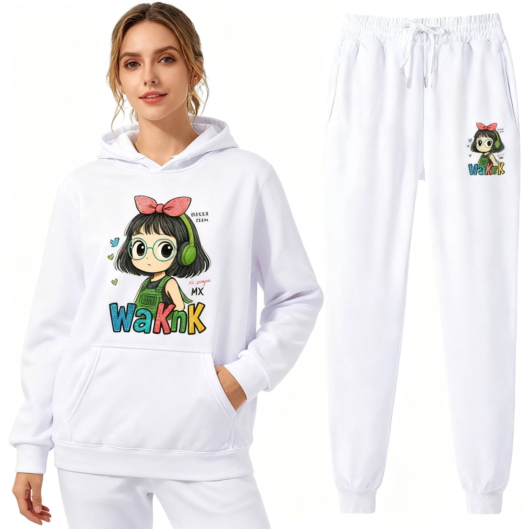 Ladies' Cozy Fleece-Lined Tracksuit Cartoon Printed Hoodie + Sweatpants, Skin-Friendly Outfit for Leisure