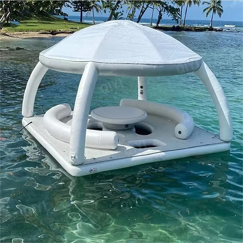 

Inflatable water leisure bar with sunshade white inflatable sofa floating platform