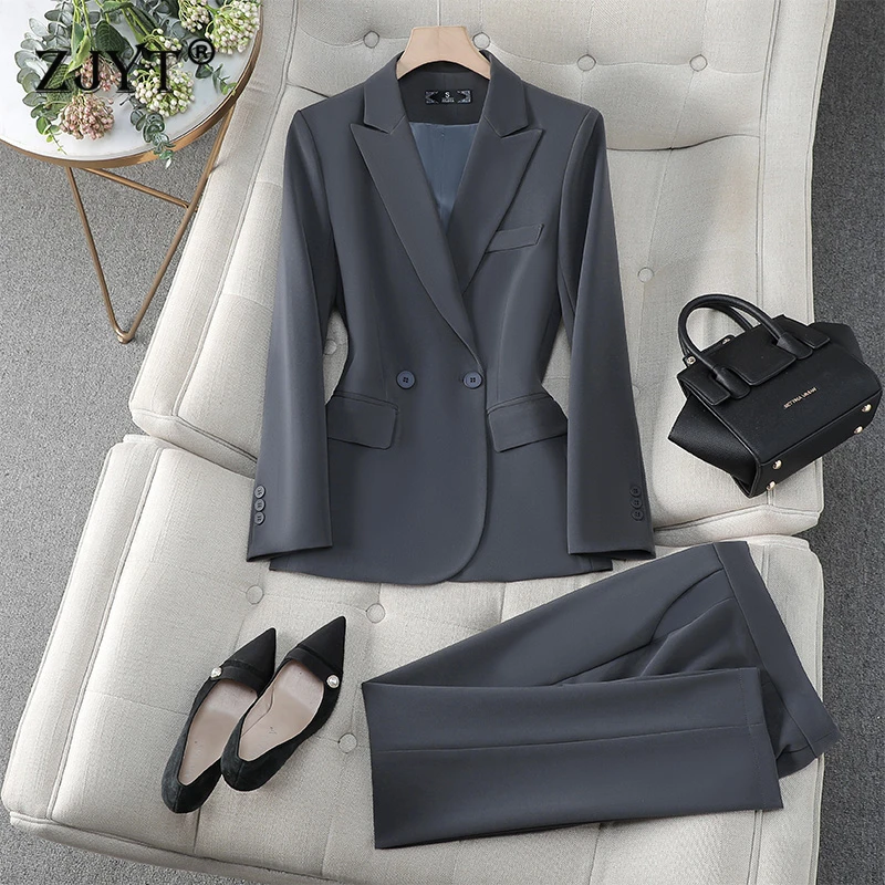 

ZJYT Elegant Chic Women's Blazer Suit Trousers 2 Piece Matching Set Autumn Fashion Long Sleeve Coat Pant Sets Office Lady Outfit