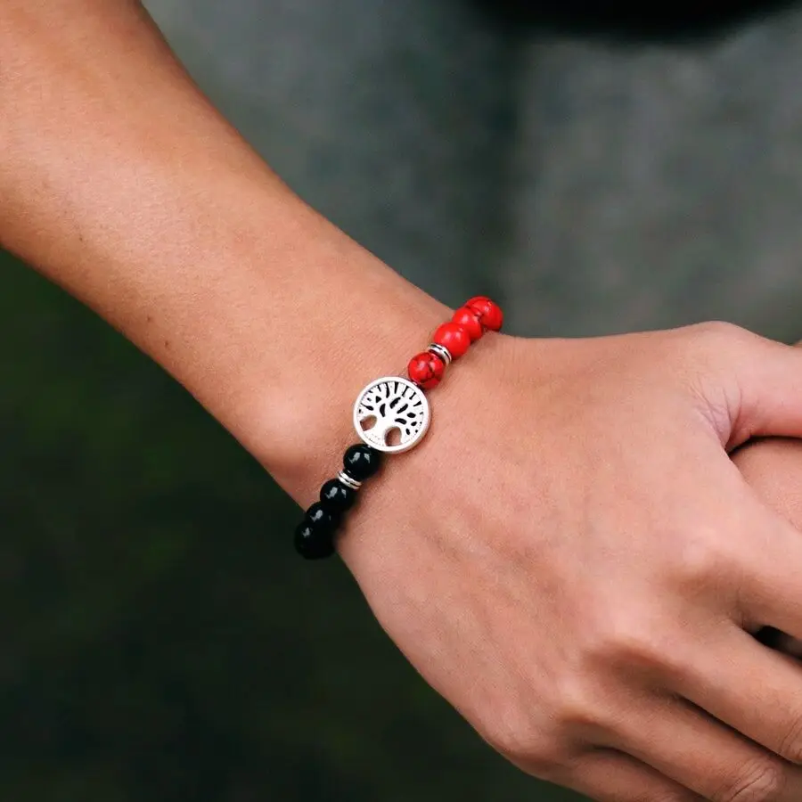 New Fashion Life Tree Bracelet For Men Bicolor Natural Tiger Eyes Obsidian Stone Braslet Lucky Red Howlite Charm Braclet Pulsera - view 3