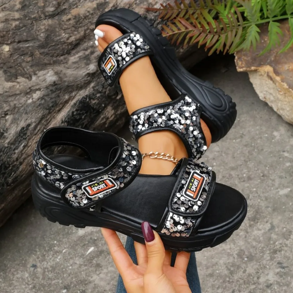 2026 New Summer Women Sandals Sequin Decoration Platform Wedge Casual Women Shoes Fashionable Comfortable Beach Sports Sandals