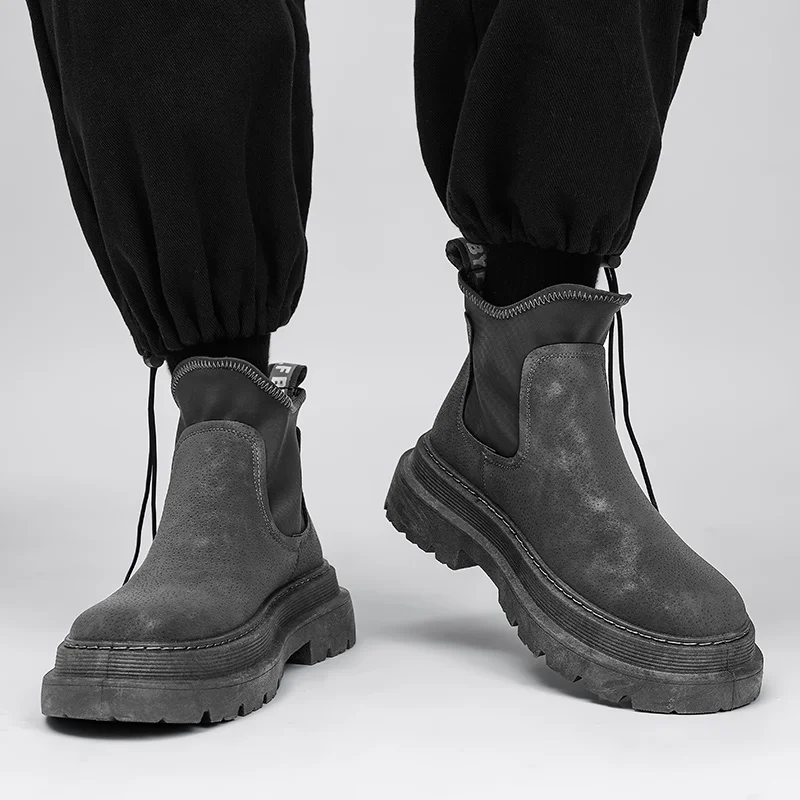 Men's Slip On Short Ankle Boots Thick Sole Vintage Distressed Casual Leather Shoes Autumn Winter Daily Footwear Size 39-44