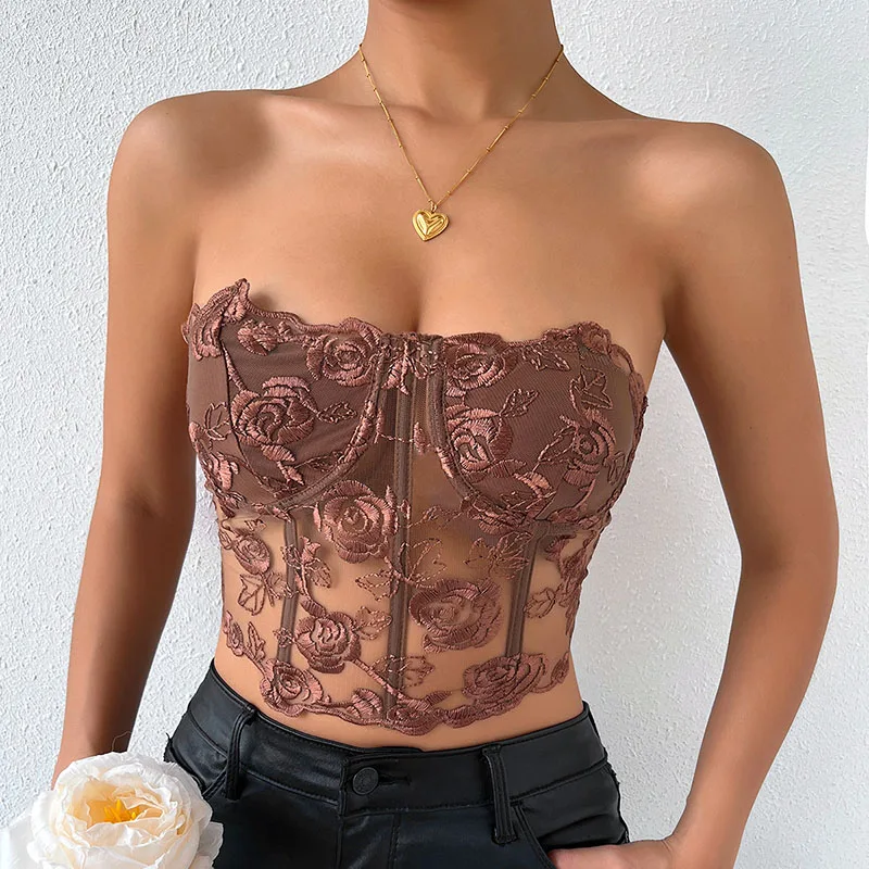 Corsets for Women Sexy Sleeveless Off Shoulder Mesh Corset Crop Tops for Women Vintage Rose Embroidery Bustier Top