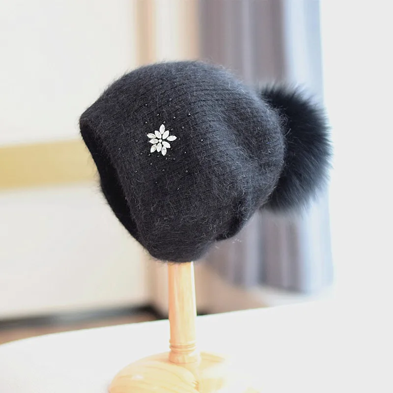 2023 neue Luxus Strass Beanie Hüte Frauen Winter Mode Warme Echt Kaninchen Fell Stricken Hüte Erwachsene Ohr Schutz Abdeckung Kopf kappe – Detail 28