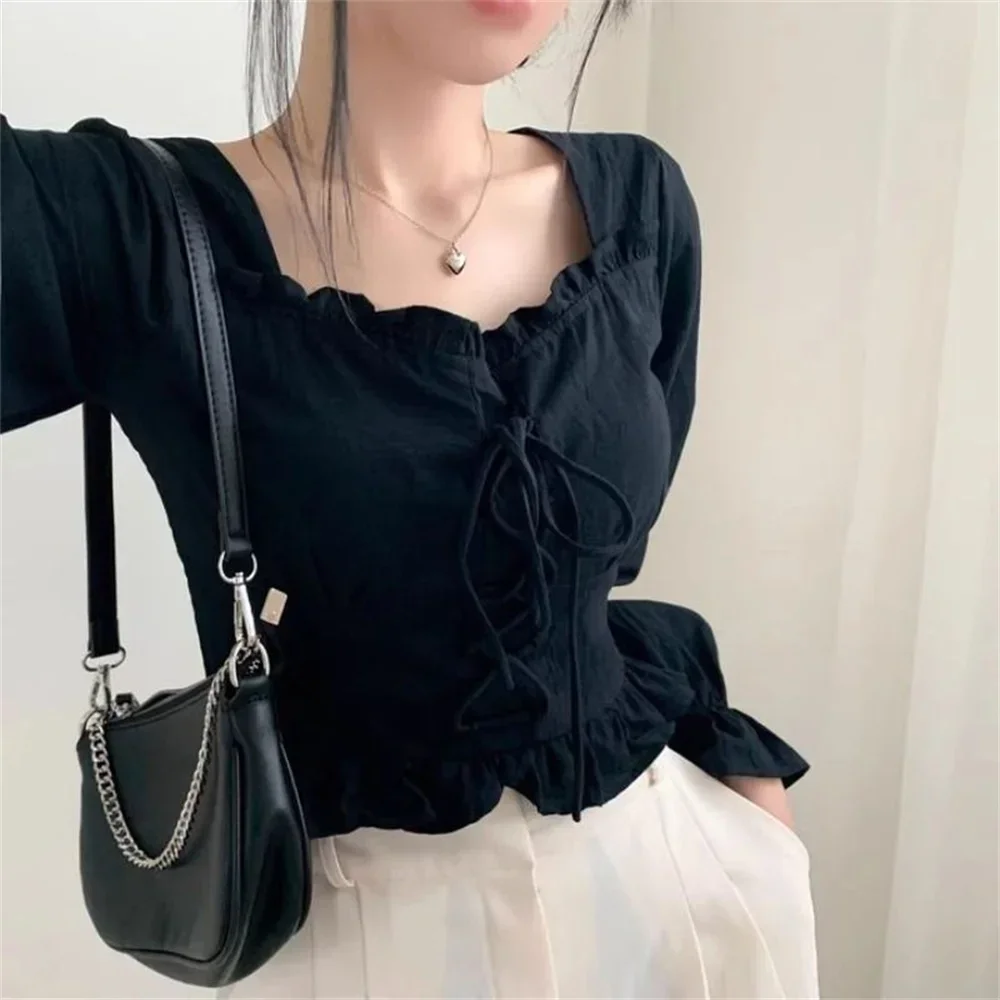 

Korean Fashion Design White Shirt Women's Long Sleeve Thin Top Wholesale 2025 Summer New Style Flare Sleeve Square Collar Blouse