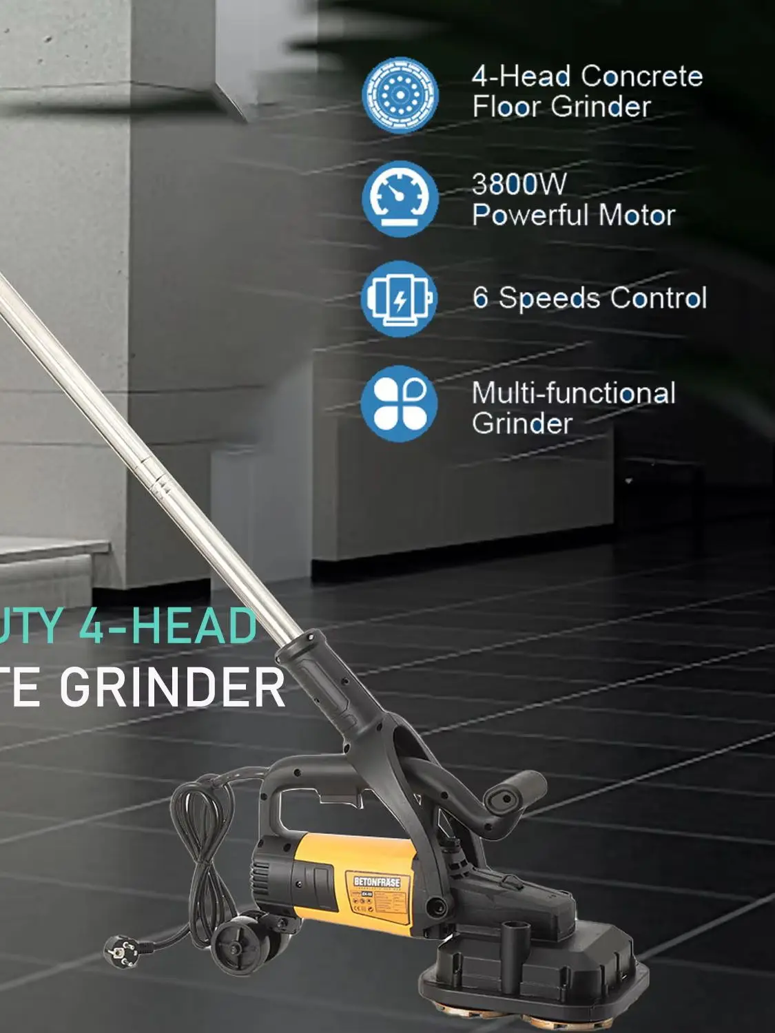 3800W Elektrischer Wandhobel, Handgeführter Grobfräser, 4-Kopf-Betonschleifer-Set, 0-6000 U/min Wandputzmaschine, Betonoberflächenhobel zum Schleifen von Beton, Zement, Marmor, Granit