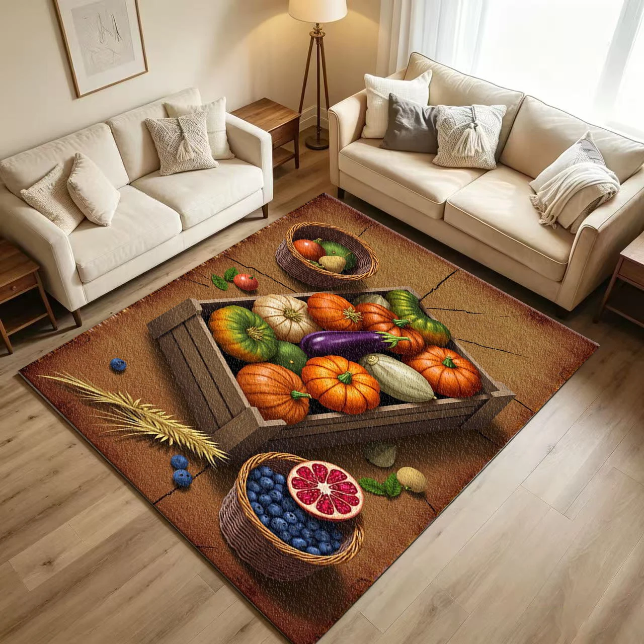 Harvest Autumn Fruit Vegetable Carpet Flooring, Pumpkin Pomegranate Blueberry Non-Slip Floor Rug for Kitchen Living Room Farmhouse Decor