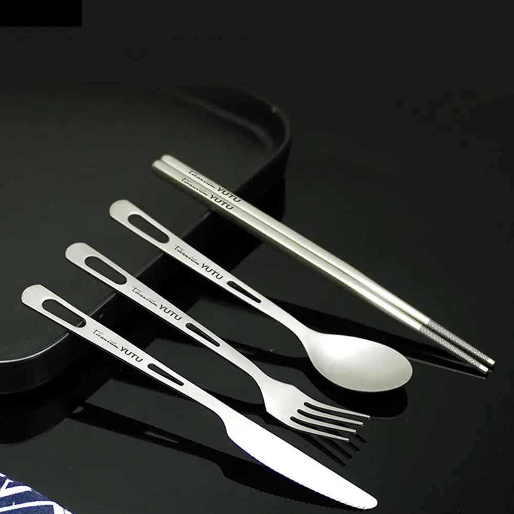 1 Set Ultralight Titanium Tableware Portable Easy To Clean Pure Titanium Cutlery Set Comfortable Grip with Storage Box