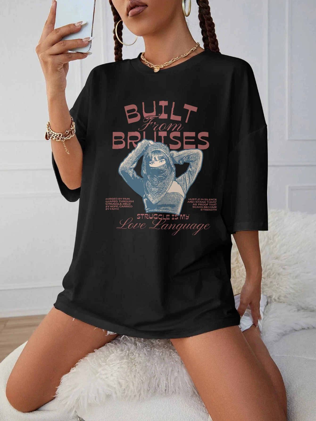 

BRUISES Cozy Women’s Black Round Neck Plus Size T-Shirt Comfortable Halloween Fall Clothes Soft Autumn Holiday Clothing
