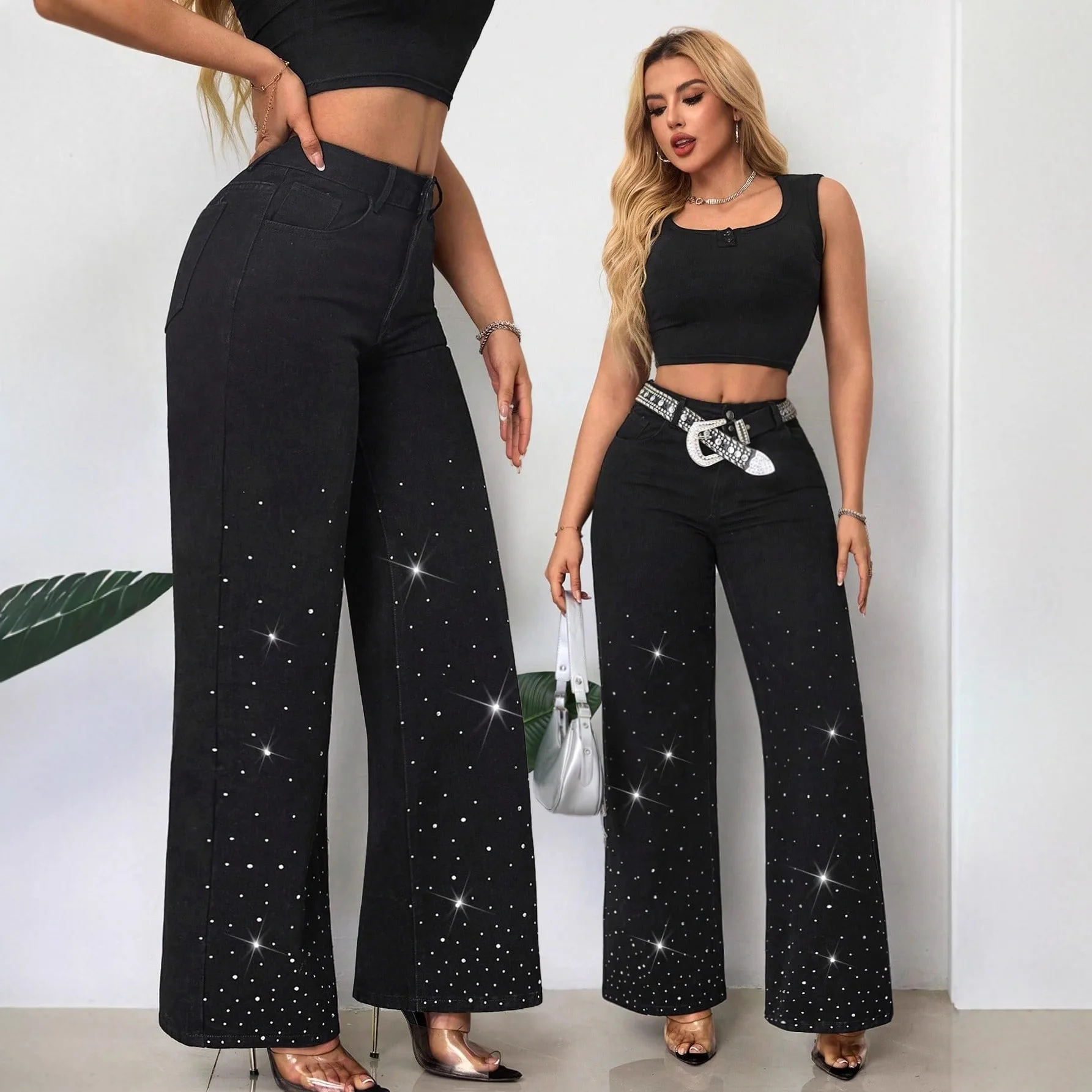 Jeans larghi a gamba larga larghi con diamanti caldi sexy delle nuove donne autunnali Jeans larghi