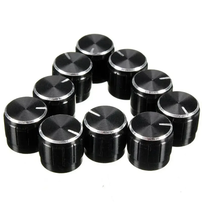 10 sztuk/partia czarny 6mm pokrętła potencjometru czapki wał radełkowany pokrętło sterujące potencjometru średnica 15mm x 17mm aluminiowe pokrętło przełącznika