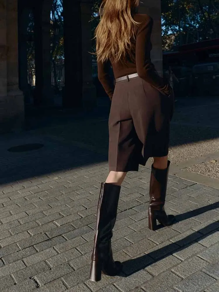 وصل حديثًا ملابس نسائية عصرية للشتاء على الطراز الأوروبي والأمريكي، شورت كاجوال طويل عالي الخصر متعدد الاستخدامات مع بيل #2