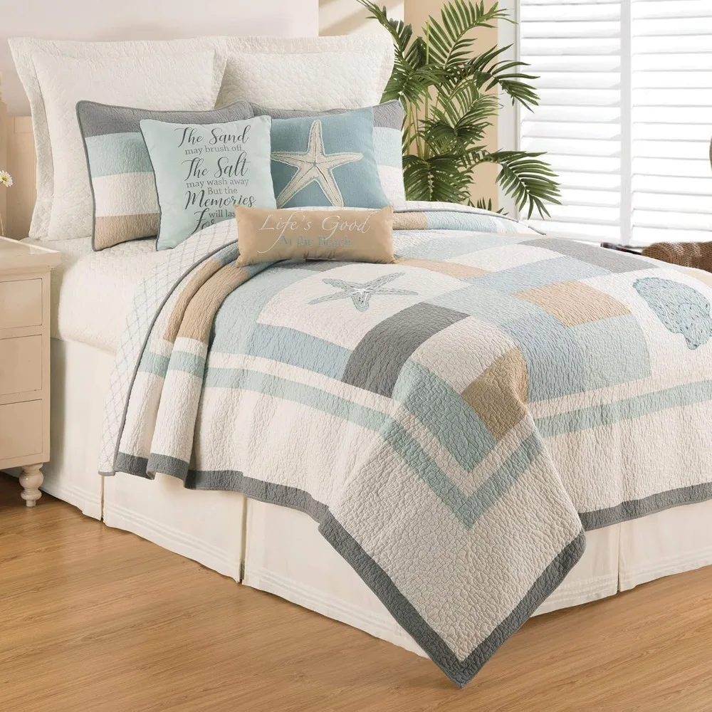 

Bed 3 Piece Quilt Set Summer Beach Ocean Themed Coastal Reversible Machine Washable Lightweight Pieced, Easy Care, Bedcover