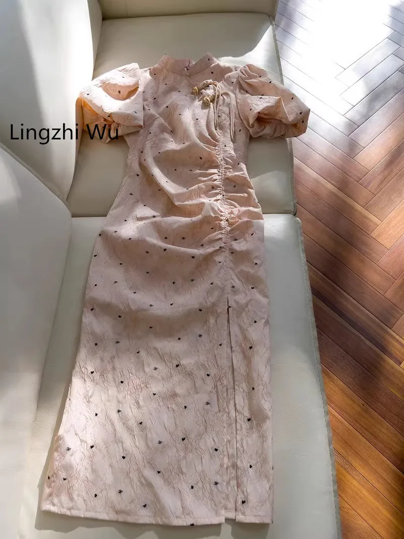 Lingzhi Wu Vintage Pink Dress Polka Dot Slim Waist Chinese Style Long Dresses Formal Puff Sleeve Cheongsam Vestidos Summer