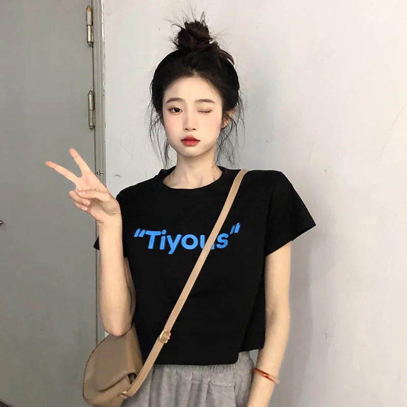 

T-shirts Women Summer Heart-print Loose Crop Tops Trendy Leisure Simple Korean Style Sweet Футболка Женский Thin Students Young