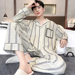 2024 New Spring Cotton Striped Pajama Set For Men Long Sleeve Cardigan Trousers Homewear Big Size L-3XL Pjs Loungewear Homme