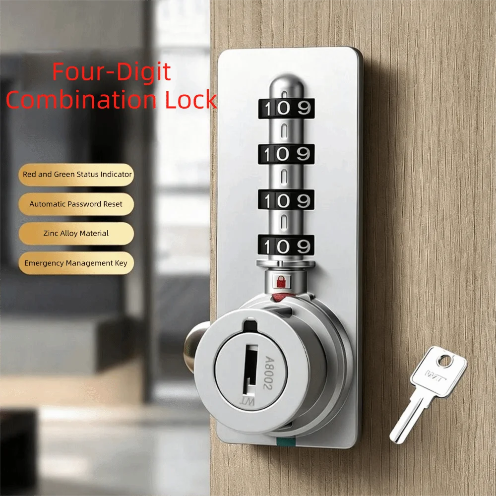 Zinc Alloy Combination Cabinet Lock 4-Digit Automatic Reset Number Security Lockset Red-Green Indicator Emergency Key