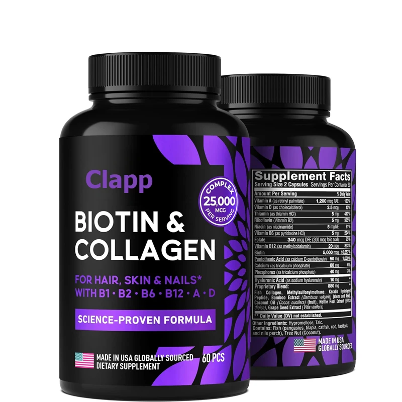 Biotin vitamins keratin and collagen containing marine collagen peptides and B complexes in hair, skin, and nails