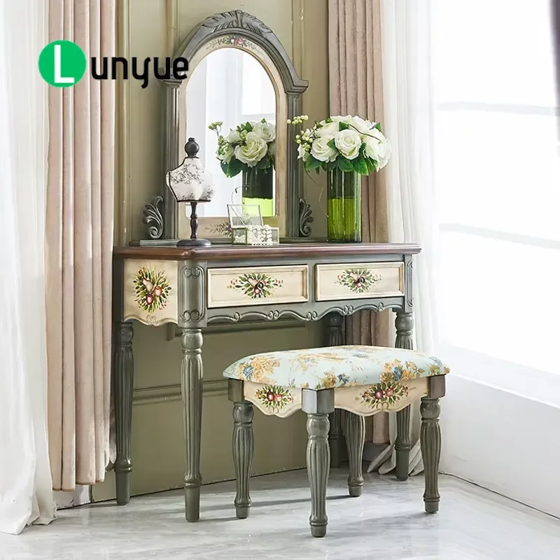 American Retro Solid Wood Dressing Table with Standing Mirror Integrated Bedroom Desk Storage Makeup Vanity for Small