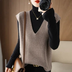 Autumn Winter Fashion Vest Ladies Knitted Cashmere Sweater Women Sleeveless V-Neck Pullover Korean Female Vest Loose Soft Tops