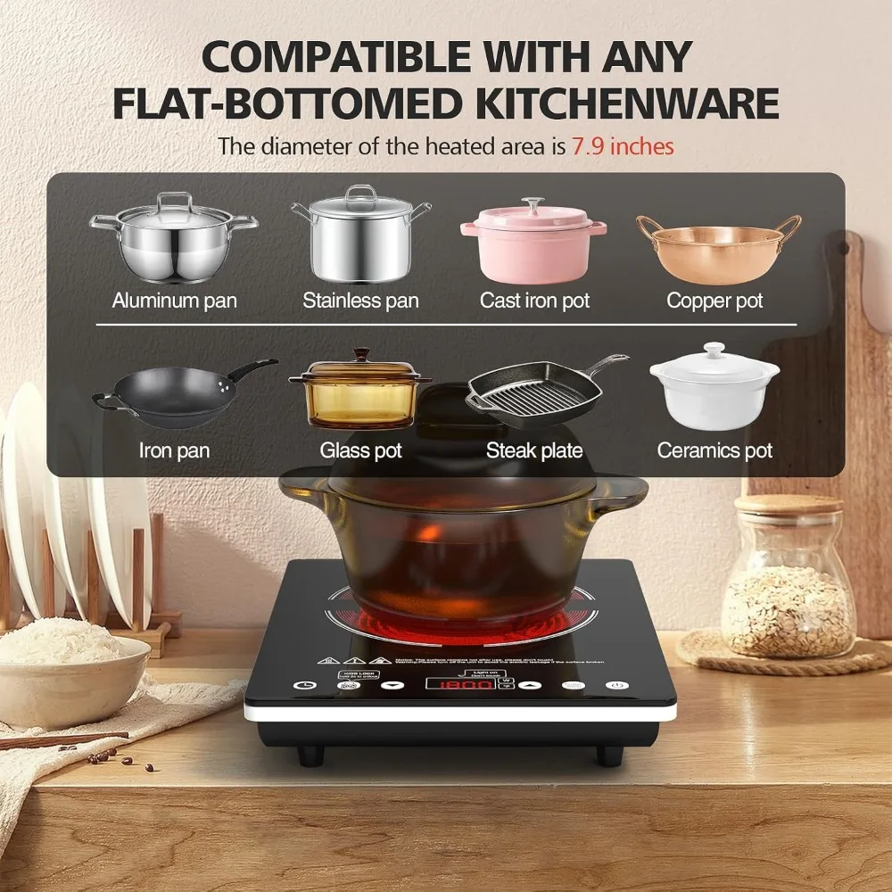 Table de cuisson à induction avec verrouillage de sécurité enfant, Eva de cuisinière électrique portable, contrôle tactile, 9 niveaux de puissance, minuterie, 1800W - 110V