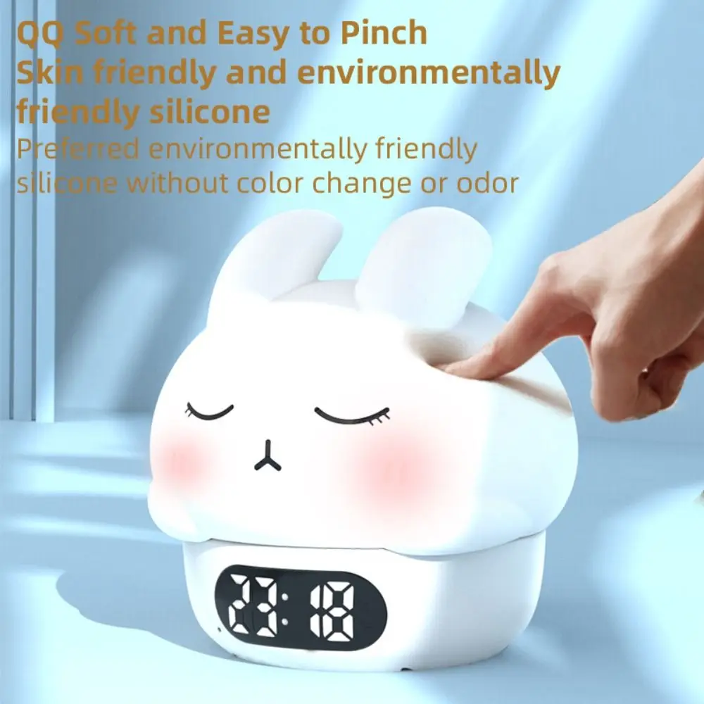 Cute Bunny Night Light Timer Touch Sensor Color-Changing Rabbit Lamp Silicone Warm Light Digital Alarm Clock Nursery