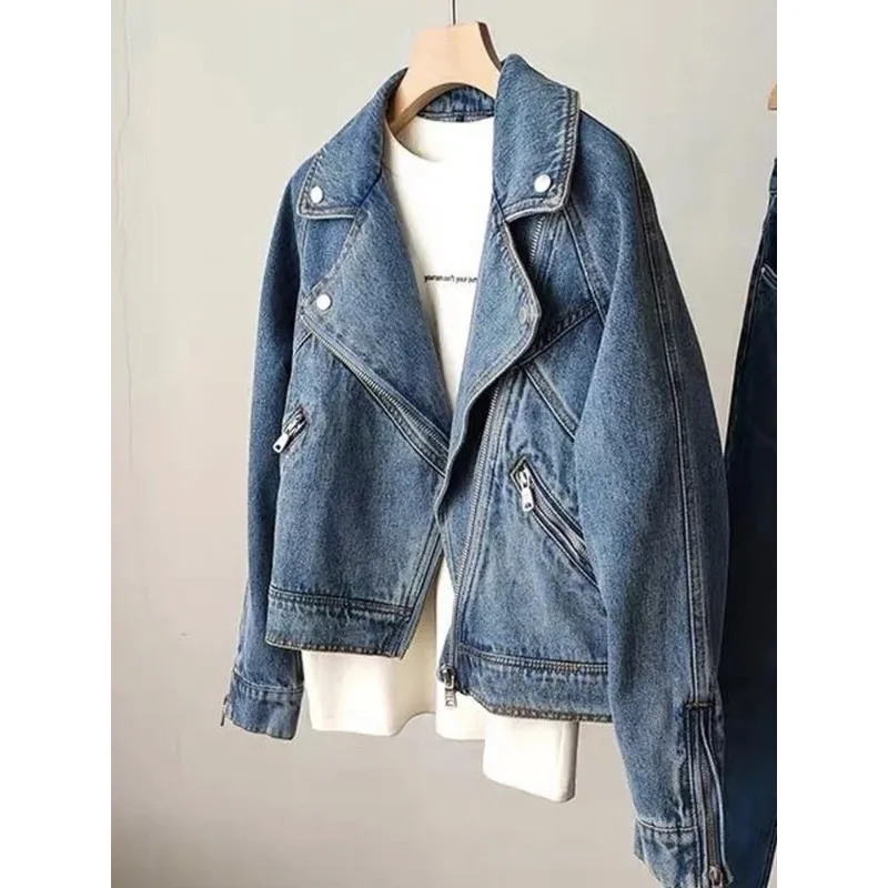 

Motorcycle Zipper Long Sleeved Denim Jacket for Spring Autumn Female Jeans Jacket Women Outerwear