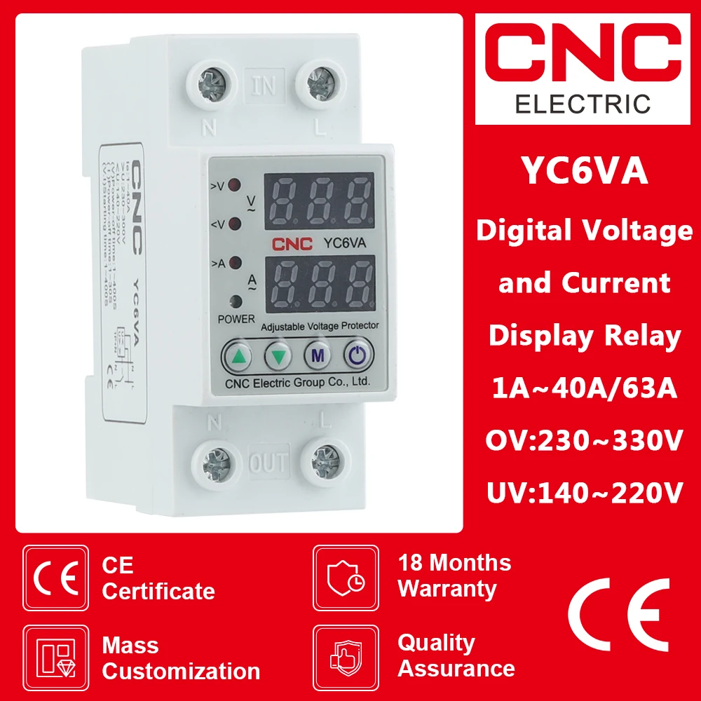 CNC Din Rail AC 230V 40A/63A Adjustable Digital Dual Display Limit Over Current Protector Household