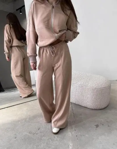 

Women's Fashion Coat And Straight Leg Pants Set round Neck Casual Loose Fit Autumn Winter Outfit Combination