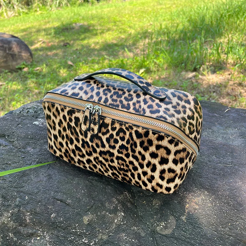 Genuine Leather Leopard Print Cosmetic Bag High end Portable Storage Handbag Large Capacity Fashion Cowhide Makeup Bag