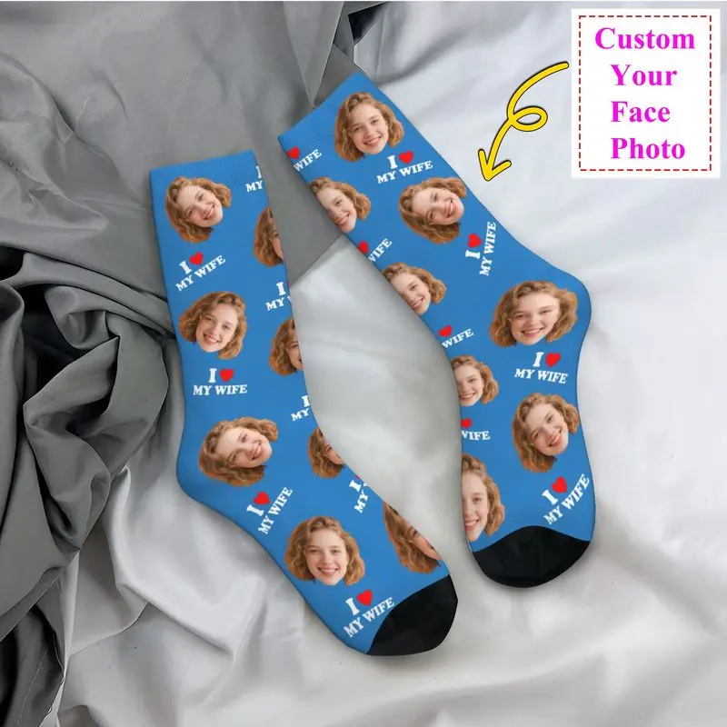 

I Love My Wife Personalized Custom Face Photo Dress Socks Men Women Warm Fashion Crew Socks