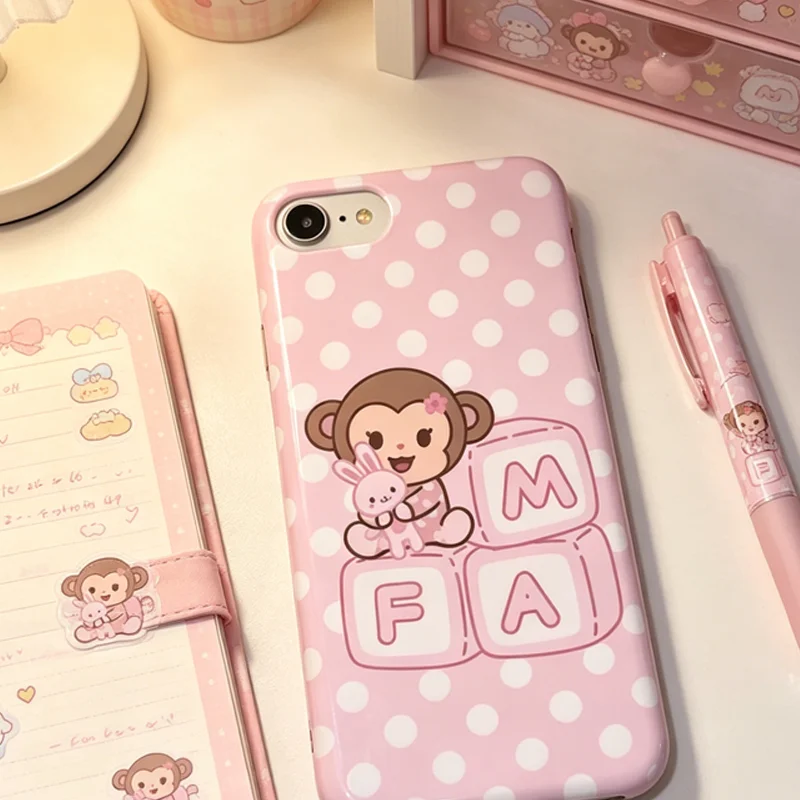 Korean Cartoon Sweet Pink Cute Little Monkey White Polka Dots Phone Case For iPhone 17 AIR 16 E 15 14 13 PRO MAX PLUS Cover - view 2