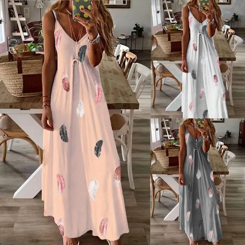 

2023 New Independent Station Sleeveless Slim Fit Feather Print Low Cut V-Neck Strap Swing Long Dress