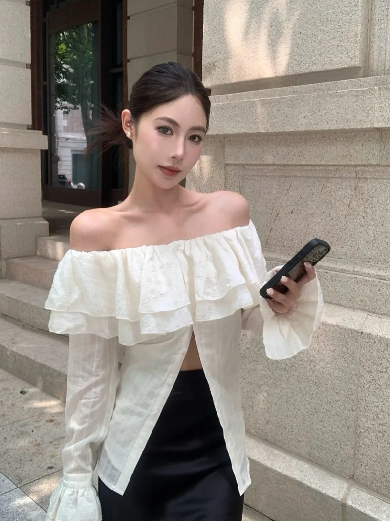 

Off Shoulder Long Sleeved Shirt for Women with Ruffled Edges Slim Fit and Waist Cinching Elegant Top