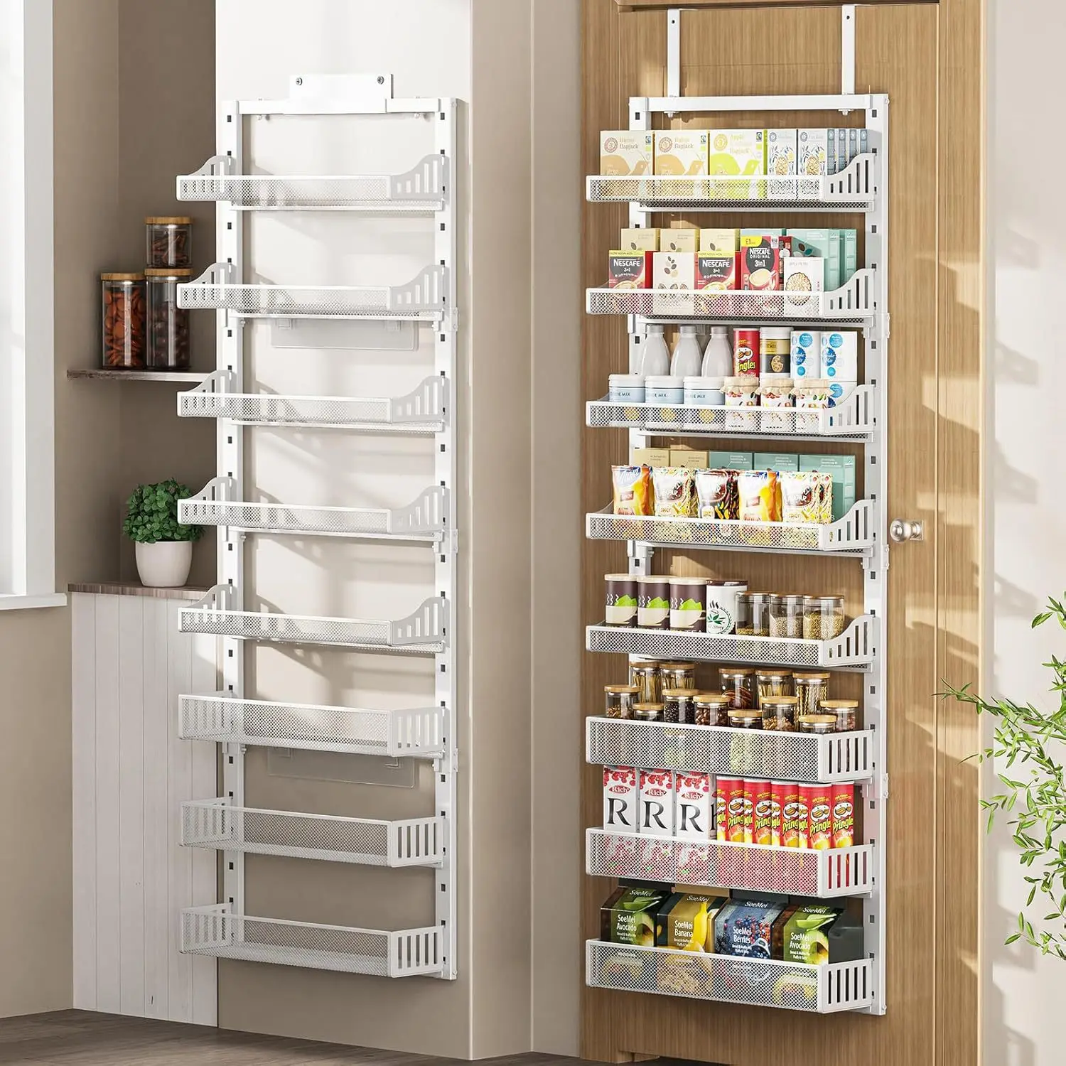 Over Door Pantry Organizer Seven Tiers Adjustable Removable Metal Hanging Baskets In Black Or White Snacks Spices Kitchen Food
