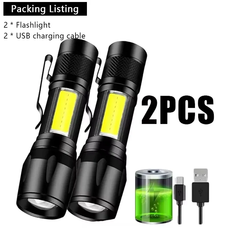 

COB+XPE Mini LED Camping Flashlight Portable USB Rechargeable Torch Outdoor Zoomable Light Tactical Lantern Lamp with Pen Clip