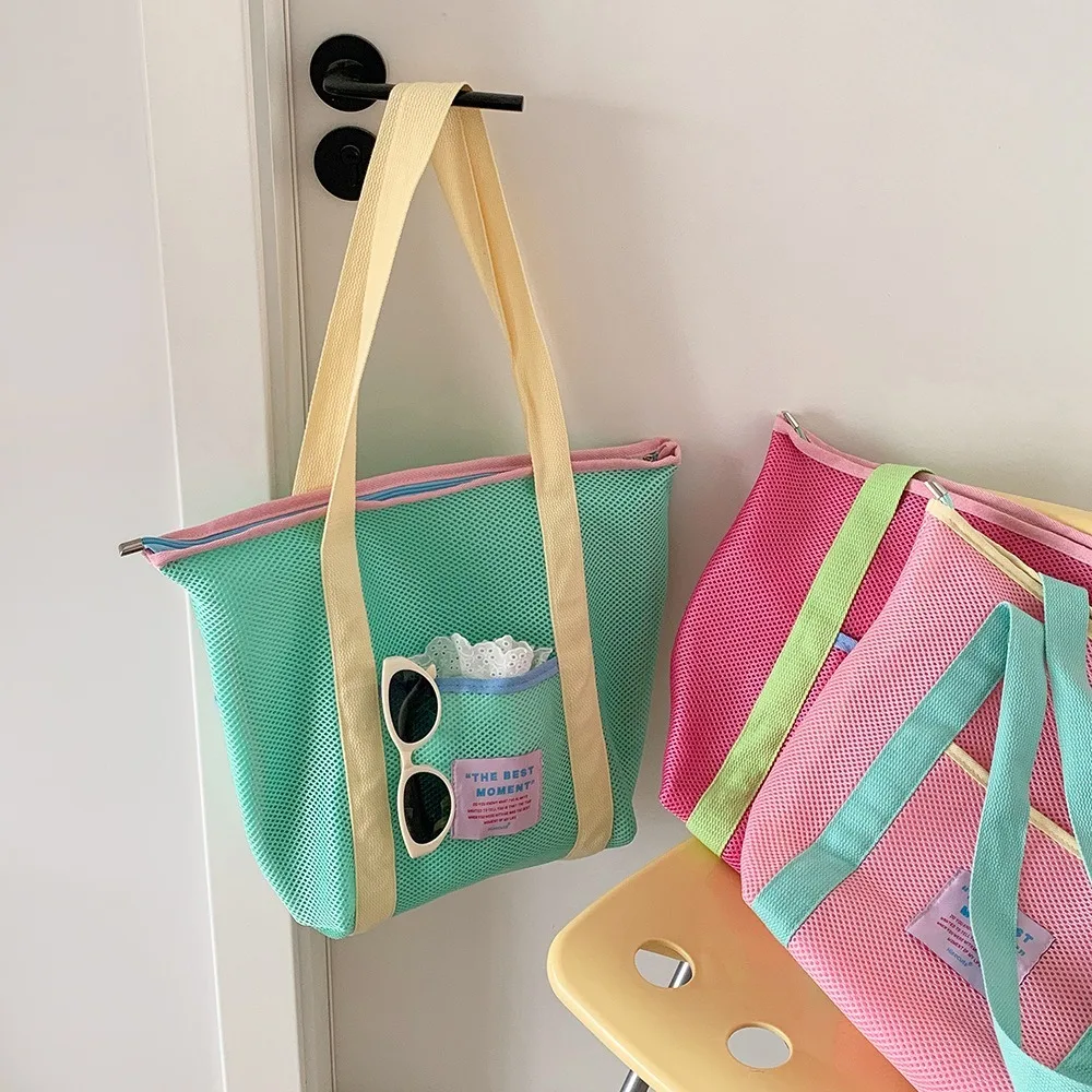 

Fashion Mesh Shoulder Bag Multifunctional Foldable Beach Bags Large Capacity Waterproof Travel Handbag