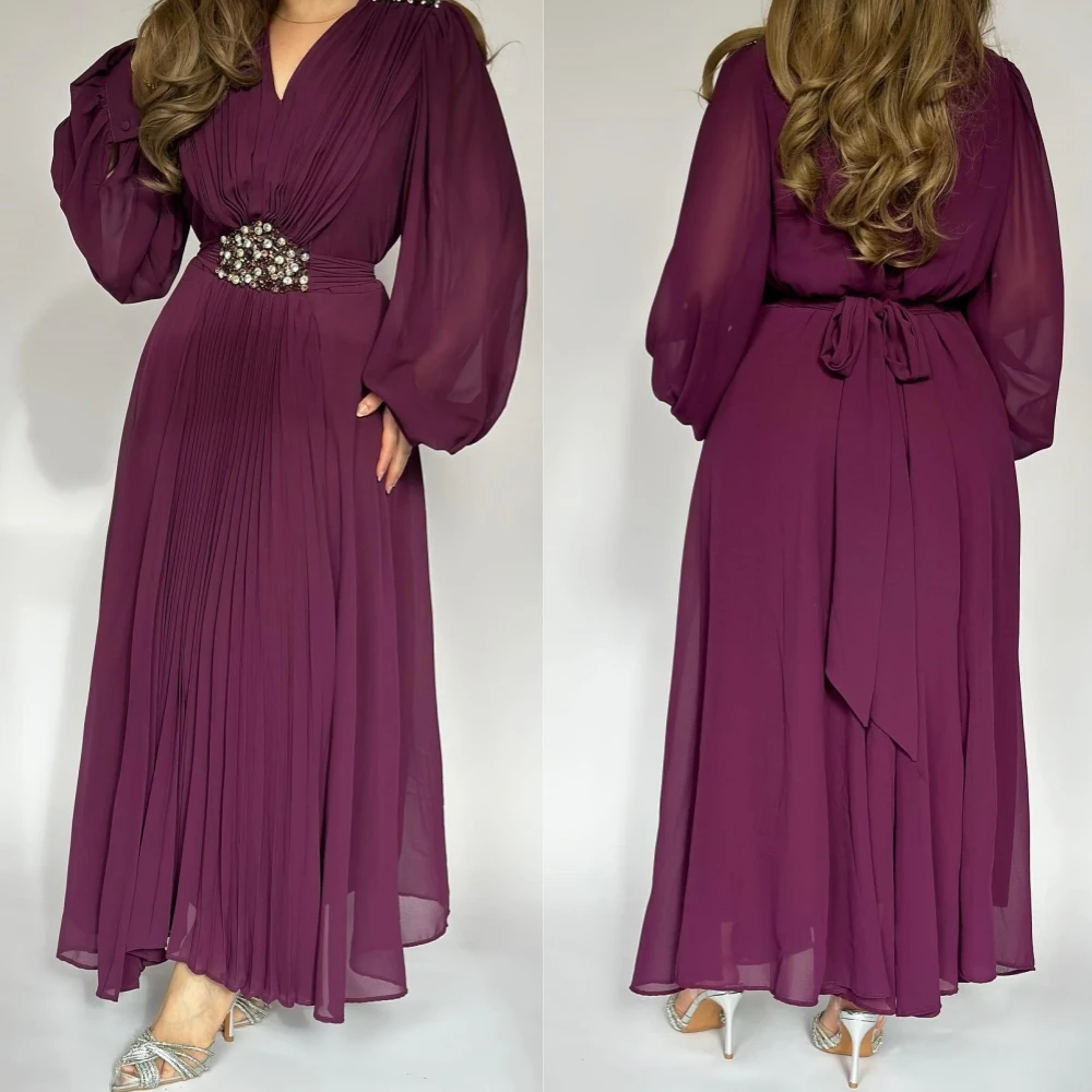 

Customized Chiffon Pearl Pleat Celebrity A-line V-neck Bespoke Occasion Gown Midi es Dresses