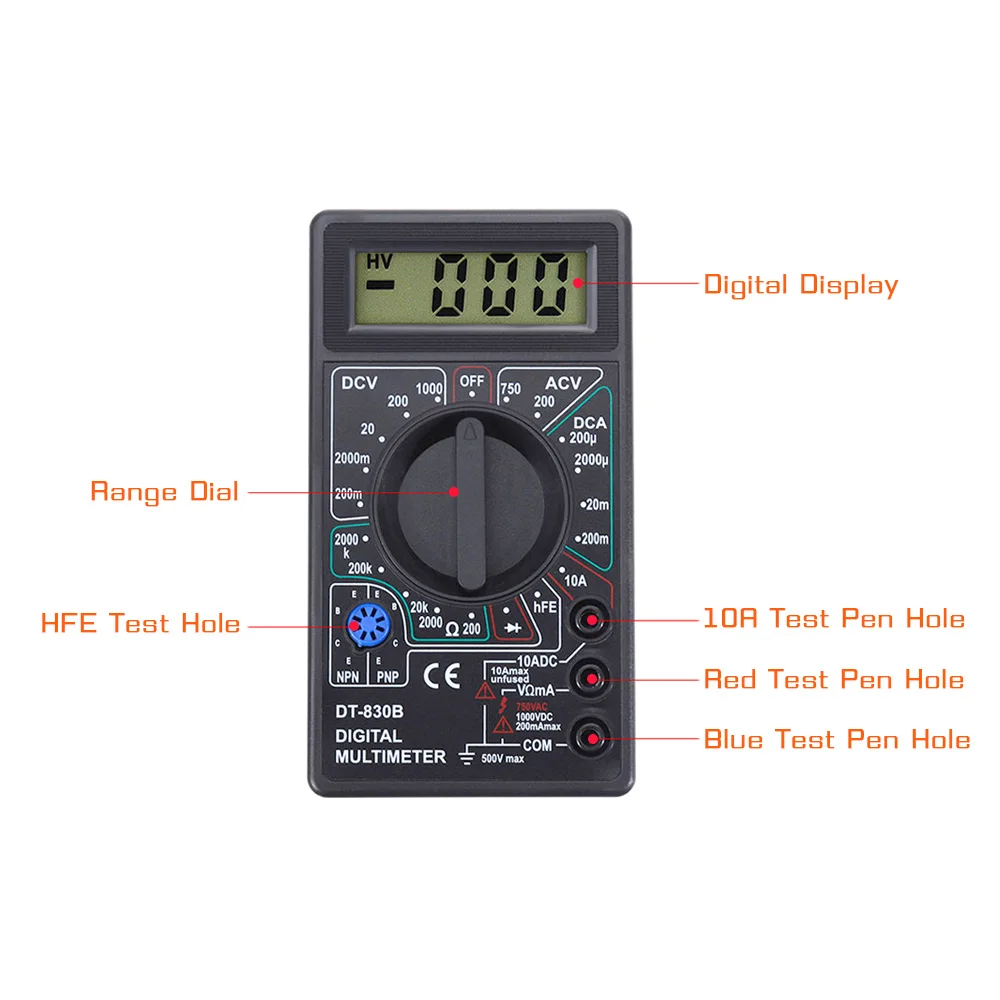 DT830B AC/DC LCD Digital Multimeter 750/1000V Voltmeter Ammeter Ohm Tester High Safety Handheld Meter Digital Multimeter