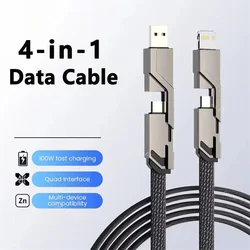 Kabel USB do szybkiego ładowania 100 W 4 w 1 Kabel USB do szybkiego ładowania iPhone Samsung Huawei Xiaomi Ładowarka do telefonu Kabel USB