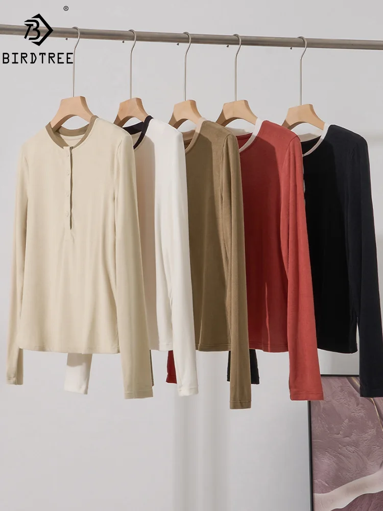 BirdTree, 5% Wool Elegant Brushed T-Shirt, Women Long Sleeve O-Neck, Casual Commute Slim Tops, Autumn Winter New Tees T48038QM