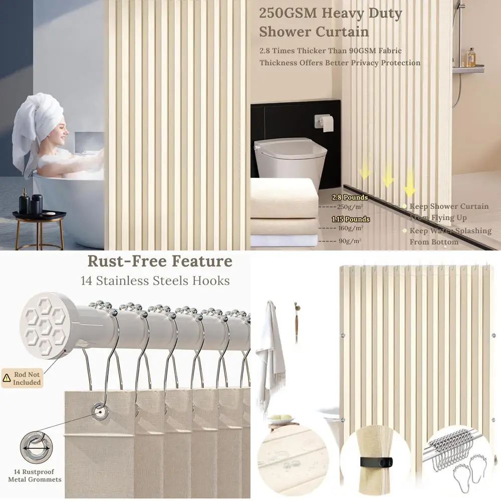 

Magnetic Shower Curtain, 72x80 Inches, Thick Beige Fabric, No Liner Needed, Heavy Duty with Stainless Steel Hooks