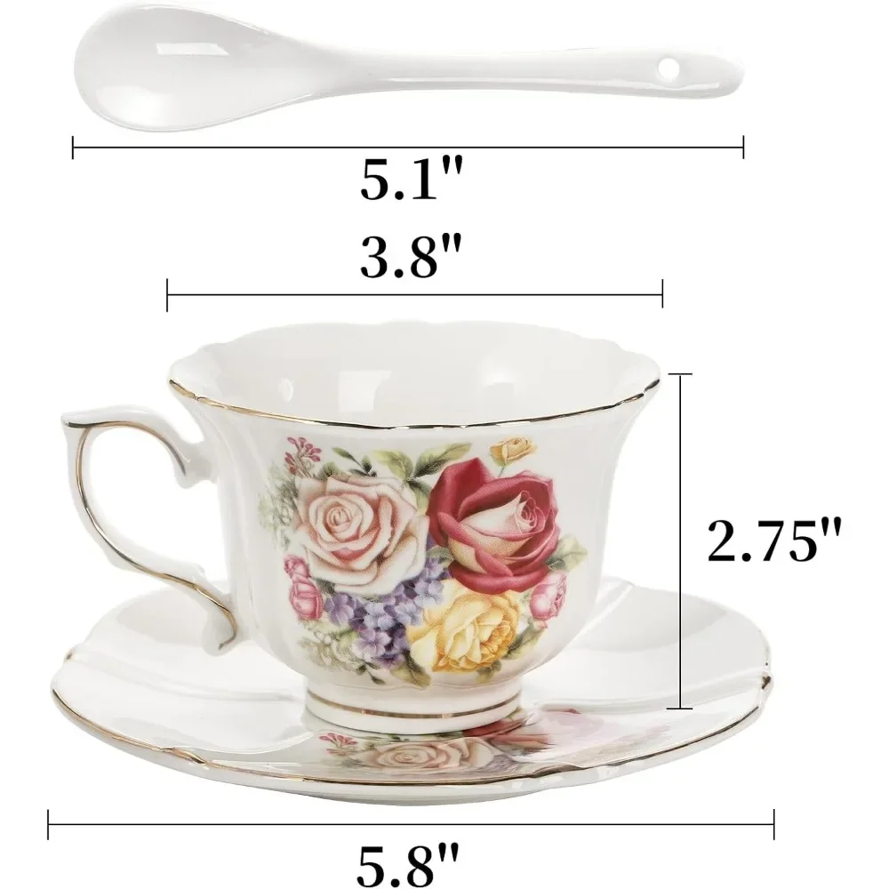 Tea Cups and Saucers-6 Pack,8 OZ Floral Ceramic Coffee Cup Set with Spoon, Vintage Rose British Teacups with Gold Trim