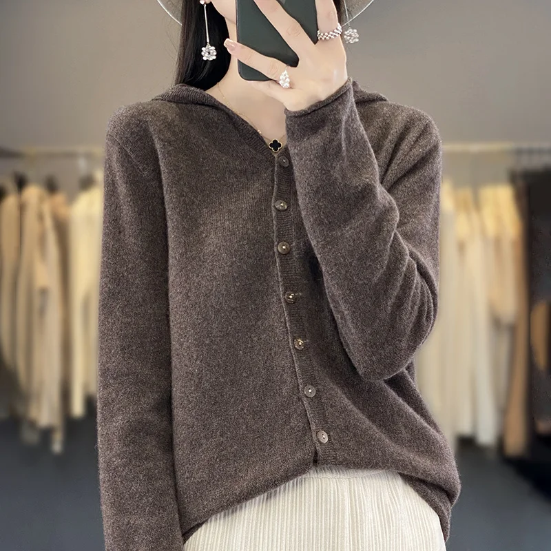 2024 autumn and winter new 100% merino wool solid color long sleeve hooded cardigan casual Korean Joker cardigan jacket