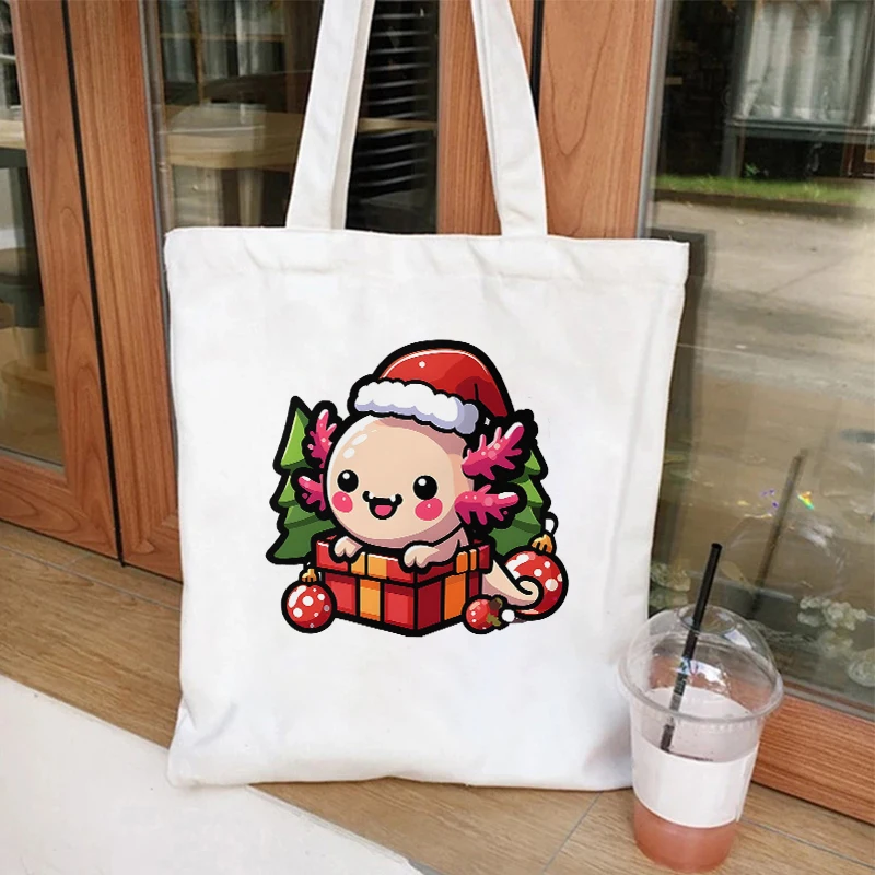 Christmas Axolotl Cute Kawaii Axolotl Santa Print Shopping Bag Tote Handbag Shopper Recycle Bag borsa da viaggio riutilizzabile Tote