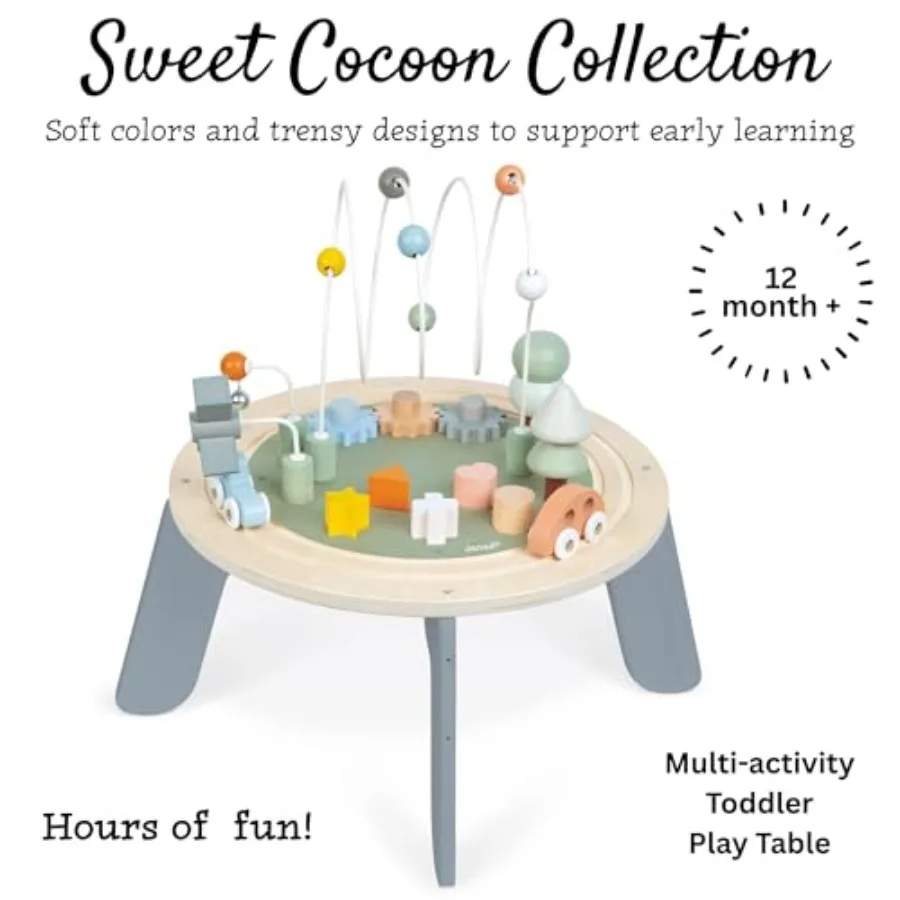 Janod Sweet Cocoon Wooden Activity Multi-Play Table - Adjustable Height 5.5-8.8 - 1 Year + - Stacking Blocks for Creative Play