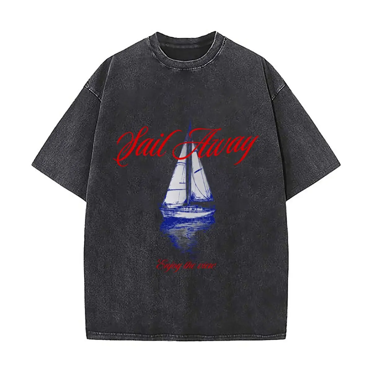 Sail Away Enjoy The View Sailboat Nautical Ocean Graphic Washed Vintage Short Sleeve Loose Streetwear Tee