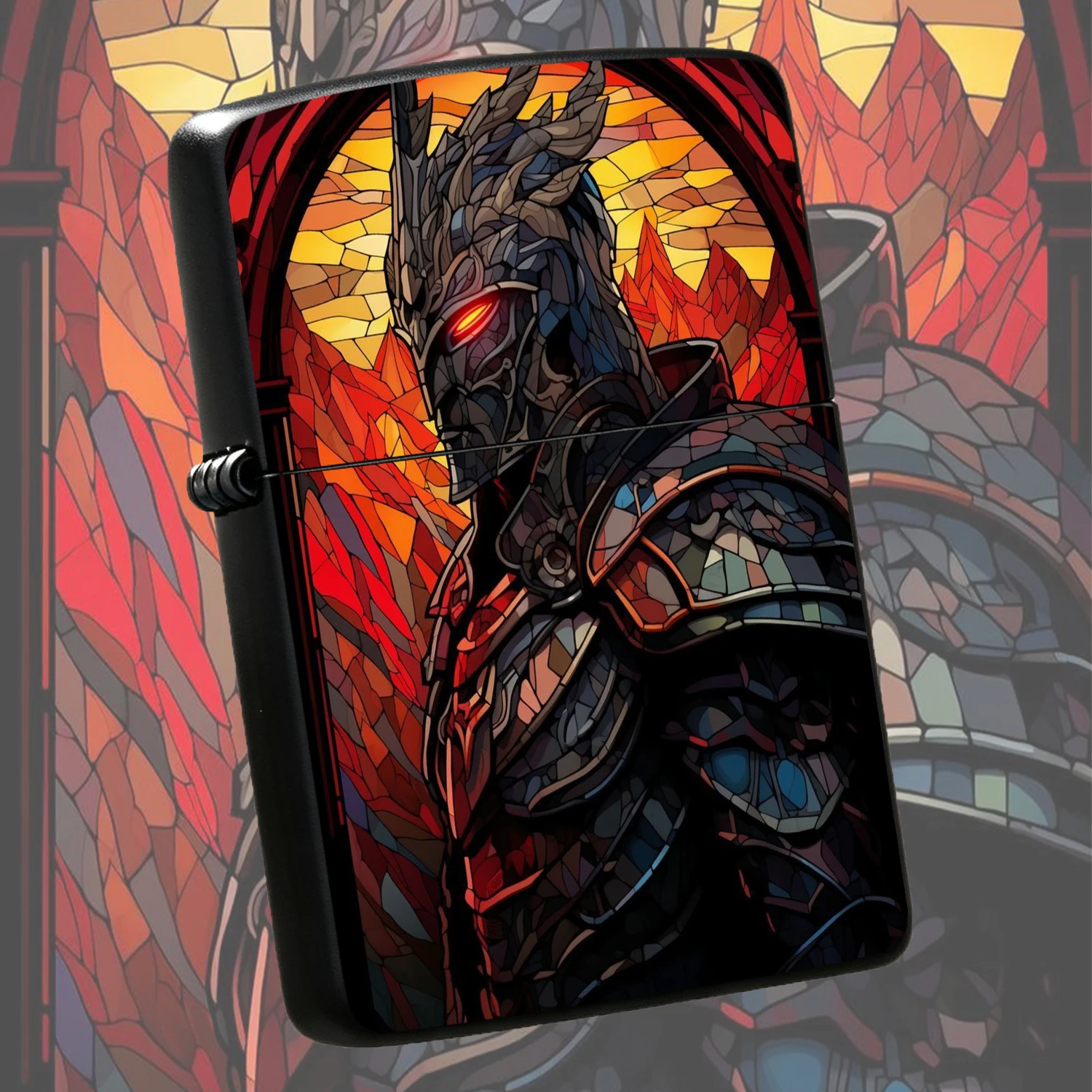 Stained Glass Dark Knight, Full Body Armor Themed Vintage Church Art Style, Creative Cool Collectible PORTABLE Ignition Device, Exquisite Decorative Ignition TOOL for Enthusiasts, Ideal Gift for Boyfriend and Hobbyists for Daily Use A fun a